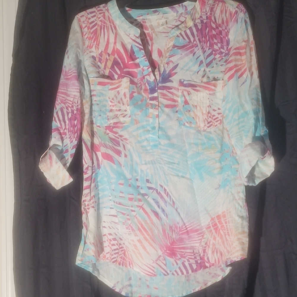 Pink and Blue Cuffed Sleeve Blouse with Mandarin Collar